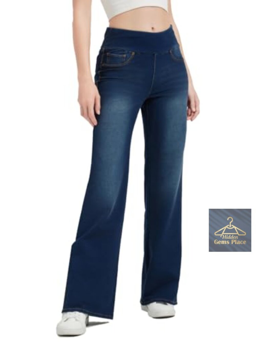 High Waisted Bell Bottom Pull On Jeans with Tummy Control